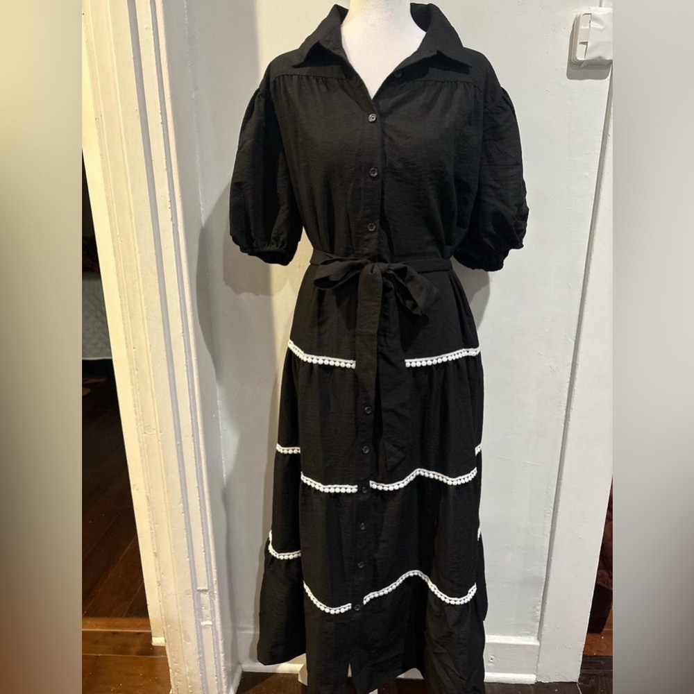 Black Tiered Button-Front Maxi Dress with Puff Sleeves